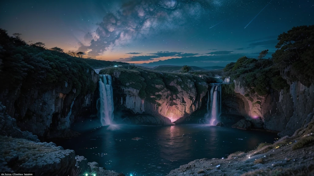 A surreal landscape featuring a majestic waterfall cascading from an otherworldly cliff. The waterfall is composed of shimmering stardust, glowing with soft pastel colors. The surrounding landscape is fantastical, with floating rocks and bioluminescent flora that gently illuminate the scene. The sky above is a deep twilight blue, scattered with twinkling stars and wispy clouds.