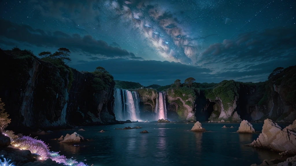 A surreal landscape featuring a majestic waterfall cascading from an otherworldly cliff. The waterfall is composed of shimmering stardust, glowing with soft pastel colors. The surrounding landscape is fantastical, with floating rocks and bioluminescent flora that gently illuminate the scene. The sky above is a deep twilight blue, scattered with twinkling stars and wispy clouds.