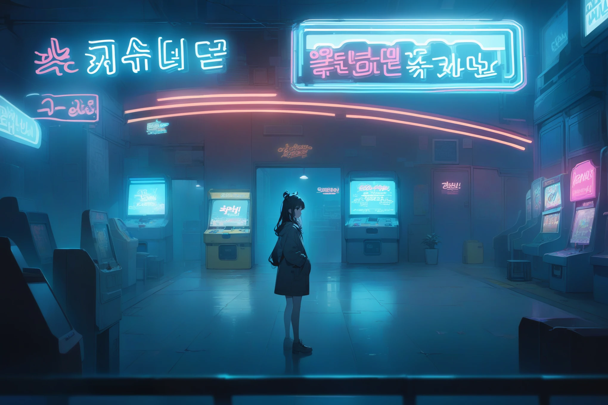 Korean arcade,neon sign,standing girl,distance