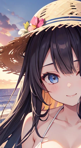 One girl, long tied brunette hair, smile, blue eyes, Wink, View your viewers, Wearing a bikini, flower straw hat, (Beach), (sunset), evening, masterpiece, 8k, Perfect lighting, The perfect outfit, Perfect Anatomy, Perfect Eyes, Perfect Face, Sharp resolution, (Face close-up),Large Breasts