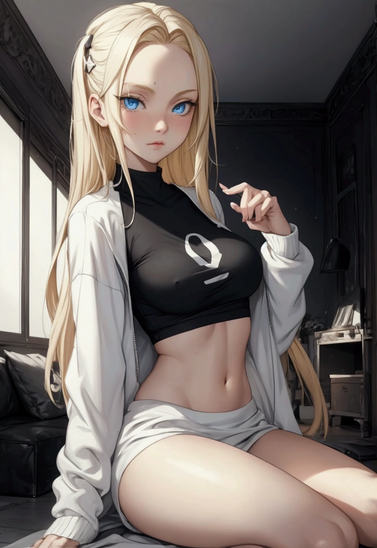 A gamer girl with blond hair, blue eyes, in black and white comfy clothes, she has medium breasts but dose not put them on display. She is 27, she is a housewife that is very kind.