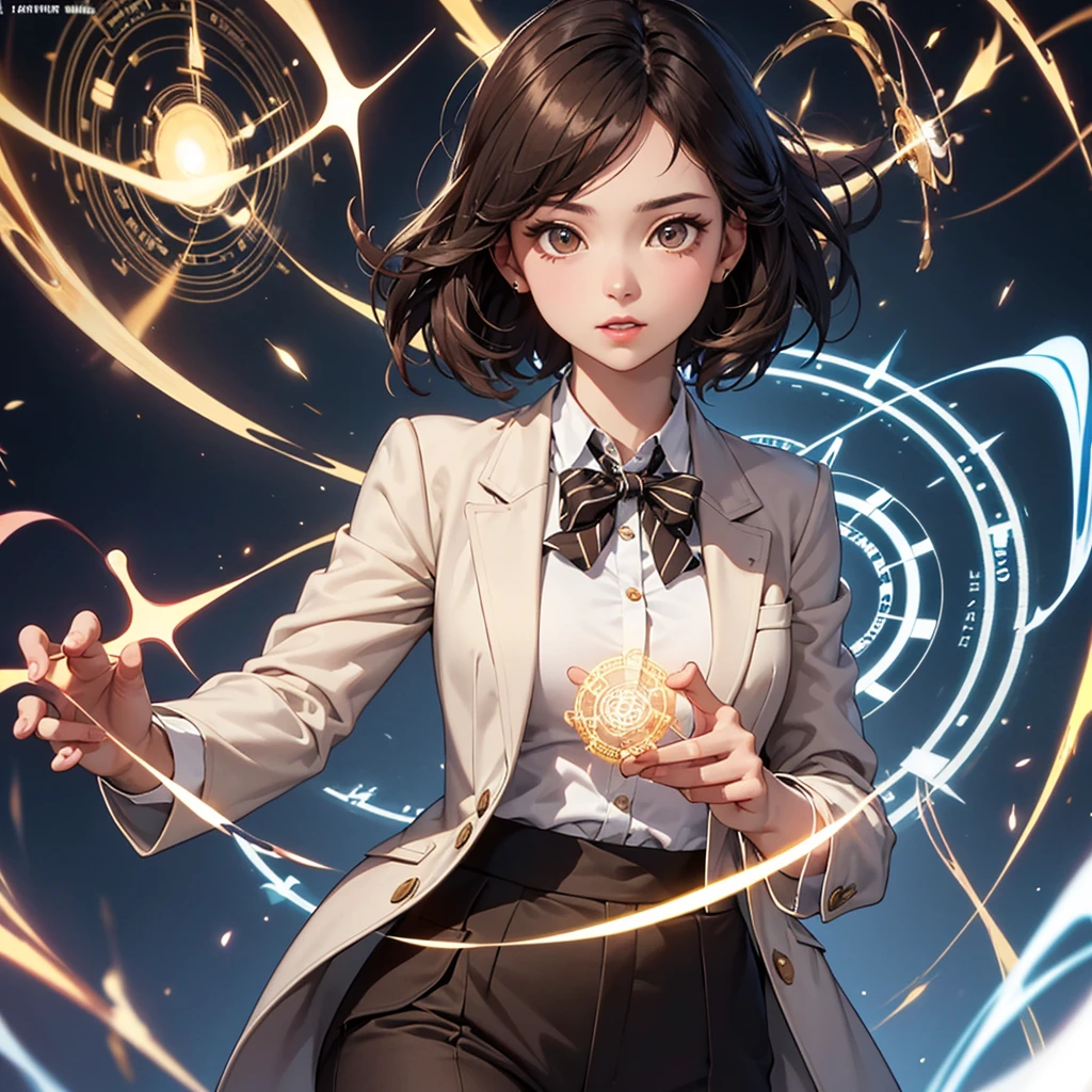 CG, Unity, 8k, wallpaper, Highest quality, masterpiece, Lovely lady, 18-year-old, Brown hair short cut, White skin, Best lighting, Complex pupil, Intricate weaving,((professor:1.2)),harf body,professor、tailored jacket、slacks、Magic circle pattern blouse、Futuristic Gadgets