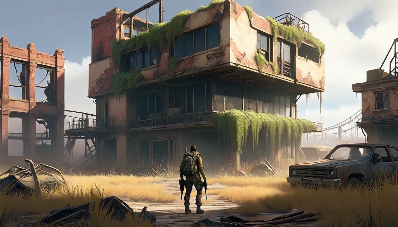 "A post-apocalyptic wasteland with crumbling buildings, overgrown vegetation, and a lone survivor exploring the desolate landscape."