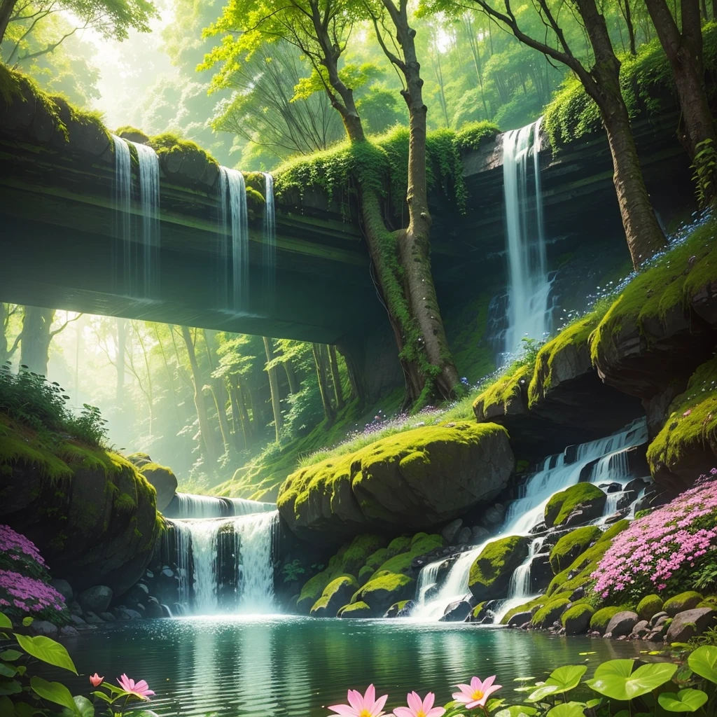 A beautiful and serene waterfall in a lush green forest with sunlight streaming through the trees, surrounded by colorful flowers."