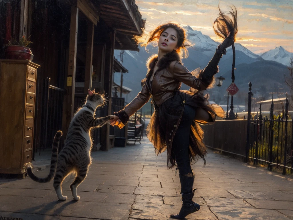 a spicy cat, jumping. Leap in the air, drooping eyes, ((styled old westerner oil painting)), outdoor, sunset sky, eyes realistic sizing, (round face), straddling bollard that is standing on the floor to hit wall, detailed paws, cat claws, angle from side-below, fur, mountains,