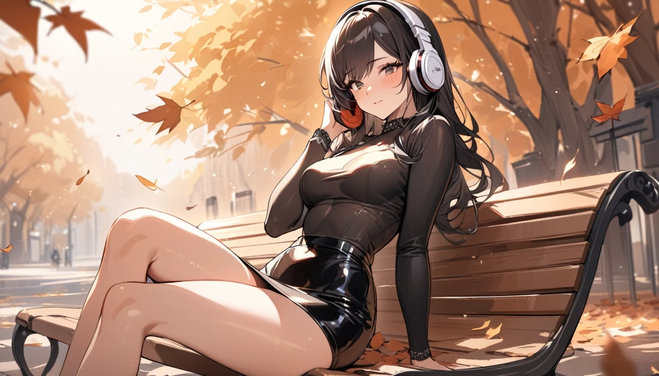 ((Top Quality)), ((Masterpiece)), ((Details)), perfect face, perfect body, fallen leaves background, sitting on a bench, listening to music, wearing headphones, wearing tight clothes, wear a tight skirt, dating, Woman with face visible, glamorous