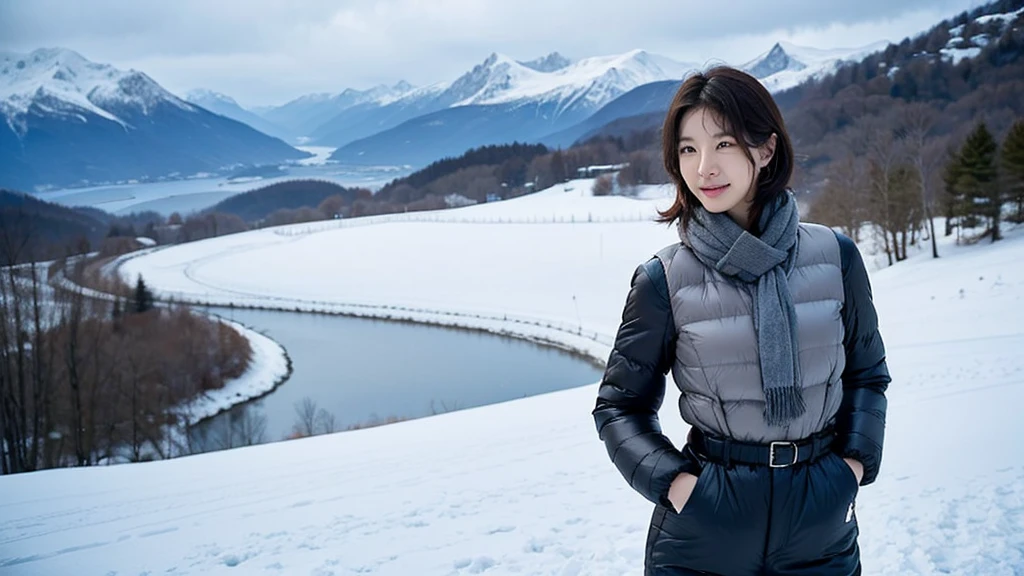 In snowy Switzerland, middle metaverse, with short hair, 3~Female model in her 40s, 4 thousand ], 4K], 37 year old Korean woman, Inspired by movie star Kim Ji-won, View of the snowy landscape of Jungfrau, Switzerland. padded jacket, casual pants. thick muffler、gray muffler, Photo showing the waist area, slightly smiling expression, Slight wrinkles are visible on the face of a woman in her 50s.. casual pants를 입고, Show your waist. Standing on white snow, Woman in her 50s, 1 woman alone, Visible up to the waist, short medium bob hair, Forehead hair not visible