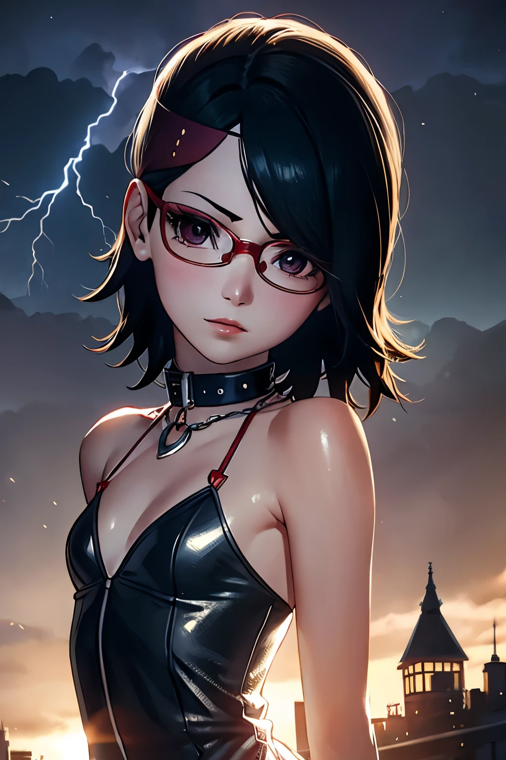 Sarada Uchiha ((Medium, , Small Head)), (Perfect Body: 1.1), (Short Wavy Hair: 1.2), silky black , Collar, Chain, Full Body in frame, Crowded City, luxy transparent silk lingerie ), (Very Elaborate CG 8K Wallpaper), (Very Delicate and Beautiful), (Masterpiece), (Best Quality): 1.0), (Ultra High Definition: 1.0), Beautiful lighting, perfect lightning, Realistic Shadows, High Resolution, Detailed Skin, Super Detail ((Colorful)), Naked