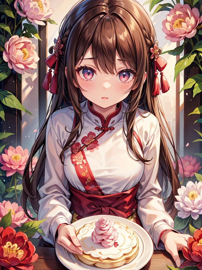 One girl, alone, brown hair and big, expressive eyes. She is surrounded by peony, wearing a traditional Chinese blouse with complex patterns. The overall tone of the image is soft and pastel. With the touch of elegance, masterpiece, highest quality, very beautiful,