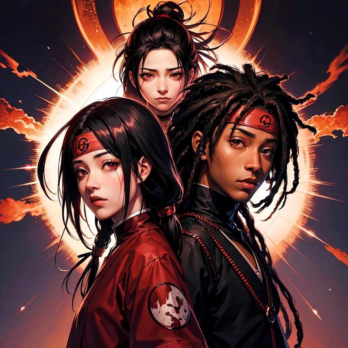 Itachi Uchiha but as an African American male with very dark skin with dreadlocks and his Sharingan glowing red in the darkness