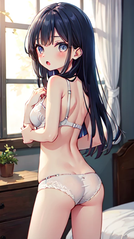 (masterpiece, best quality),
1girl, solo, standing, (undressing, unhooked bra, open bra:1.1), (hands on bra hook:1), (hands on back:1.3), looking back, looking at viewer,
(backshot:1.3), cowboy shot,
BREAK girl, 15 yo, (:1.5), black hair, medium long hair, (straight hair:1.2), grey eyes, ultra detailed eyes, (huge breasts:1.2), hanging breasts, (tareme:1.3),
sleepy,((:o):1.2)
BREAK nude, white lace bra, white lace panties,
BREAK myroom, window, morning removing bra