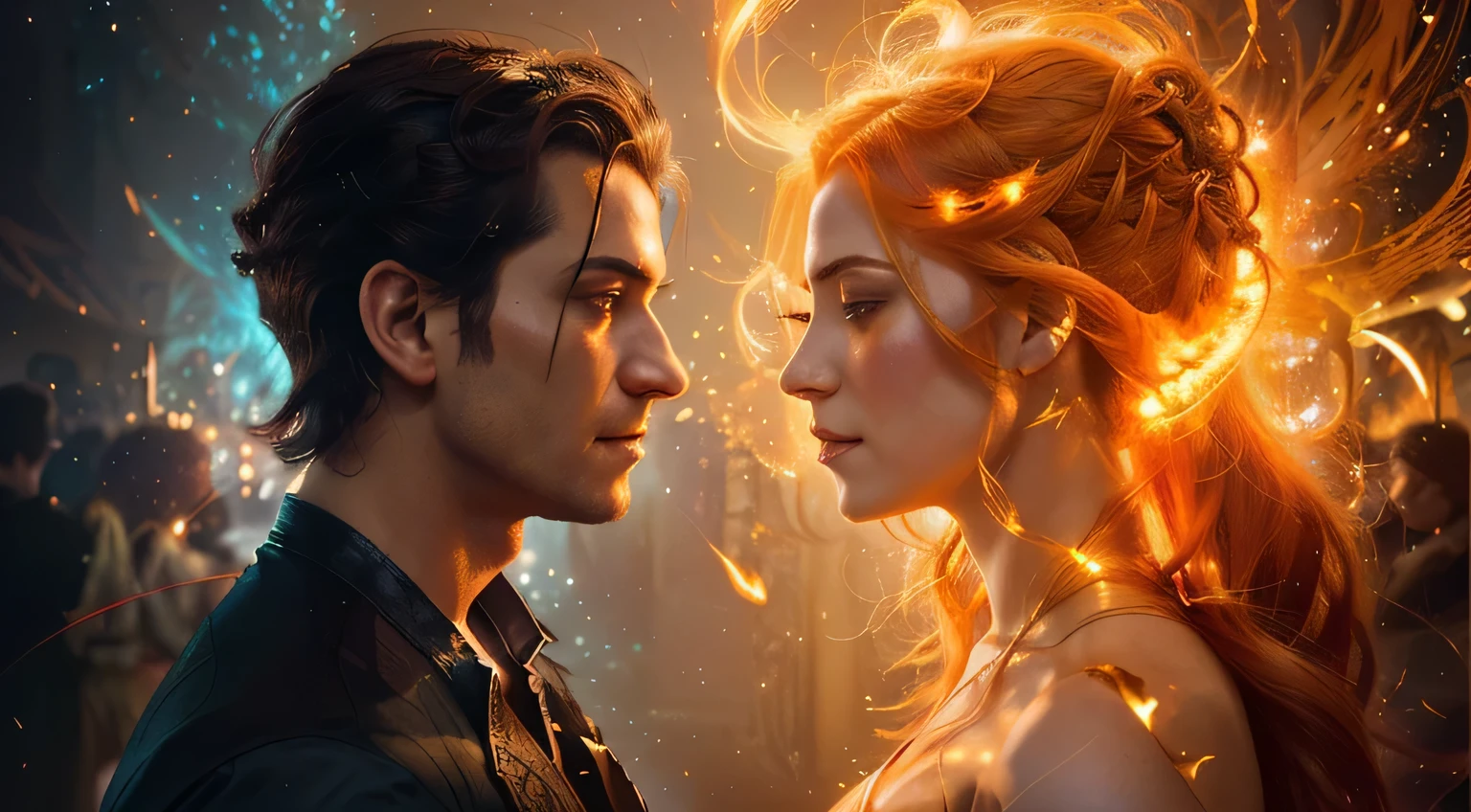 arafed image of a man and a woman facing each other, romance fantasy movie, cinematic romantic magical, hair made of fire, charlie bowater and artgeem, charlie bowater and artgerm, karol bak and peter mohrbacher, rossdraws and boris vallejo, movie promotional art, amazing art, fantasy art behance