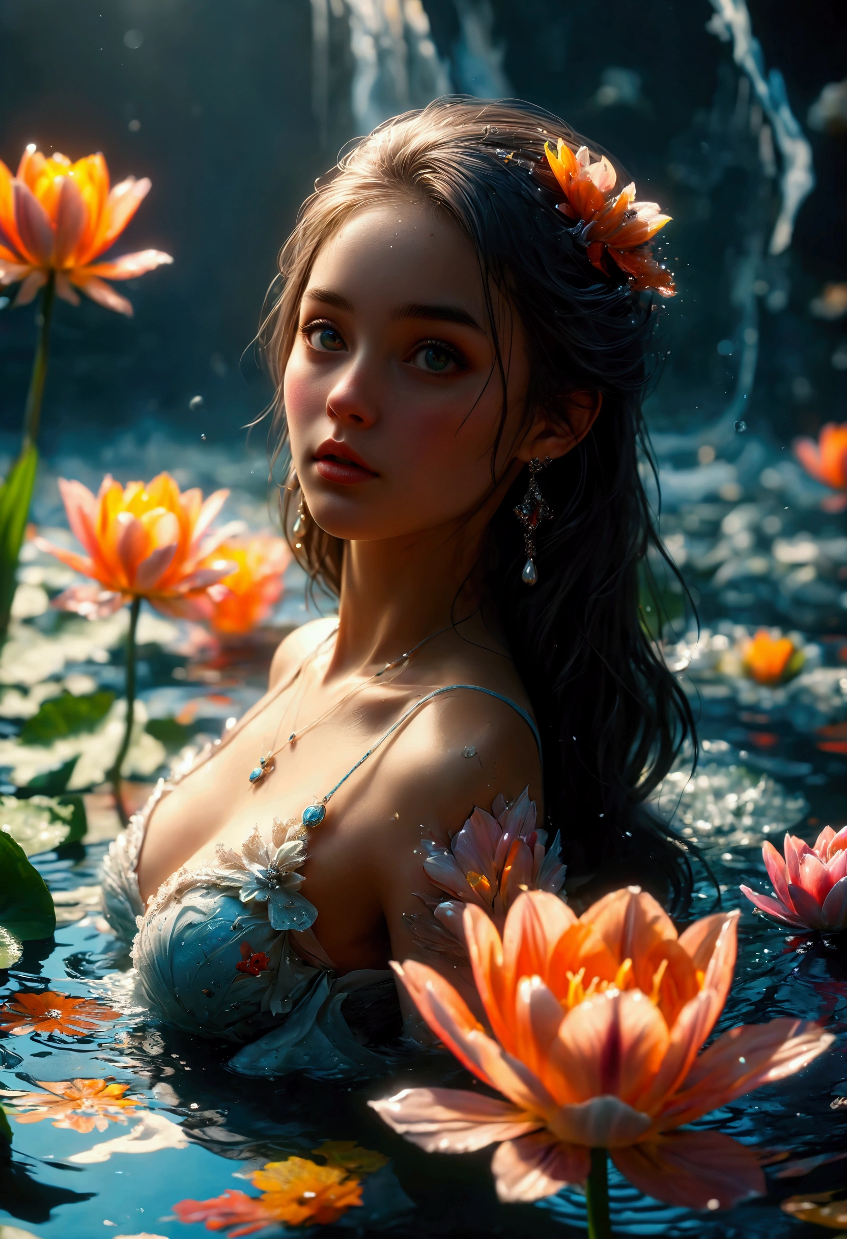 ((Masterpiece in maximum 16K resolution):1.6),((soft_color_photograpy:)1.5), ((Ultra-Detailed):1.4),((Movie-like still images and dynamic angles):1.3). | (Macro shot cinematic photo of beautiful female in a pond full of tulip), (Beautiful Female), (a pond full of tulip), (focus on the pond full of tulip), (macro lens), (exotic antiques), (glowing tulips), (luminous object), (Mysterious atmosphere), (shimmer), (aesthetic bath room accesories), (visual experience),(Realism), (Realistic),award-winning graphics, dark shot, film grain, extremely detailed, Digital Art, rtx, Unreal Engine, scene concept anti glare effect, All captured with sharp focus. | Rendered in ultra-high definition with UHD and retina quality, this masterpiece ensures anatomical correctness and textured skin with super detail. With a focus on high quality and accuracy, this award-winning portrayal captures every nuance in stunning 16k resolution, immersing viewers in its lifelike depiction. | ((perfect_composition, perfect_design, perfect_layout, perfect_detail, ultra_detailed)), ((enhance_all, fix_everything)), More Detail, Enhance.