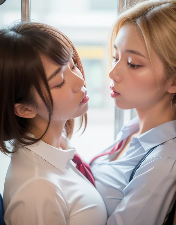 8k,masterpiece,Japanese,best quality, two (schoolgirls:1.1), (kiss:1.6), reluctantly, on crowded train, (breasts:1.3) , (shirt:1.4)