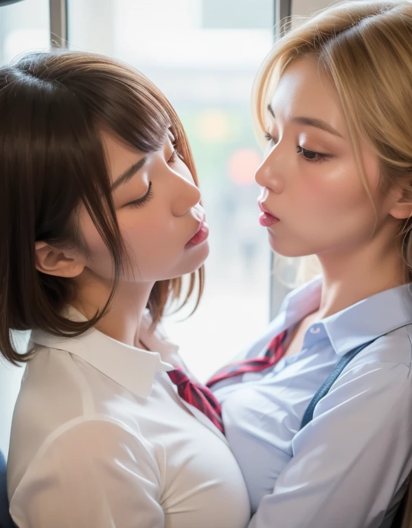 8k,masterpiece,Japanese,best quality, two (schoolgirls:1.1), (kiss:1.6), reluctantly, on crowded train, (breasts:1.3) , (shirt:1.4)