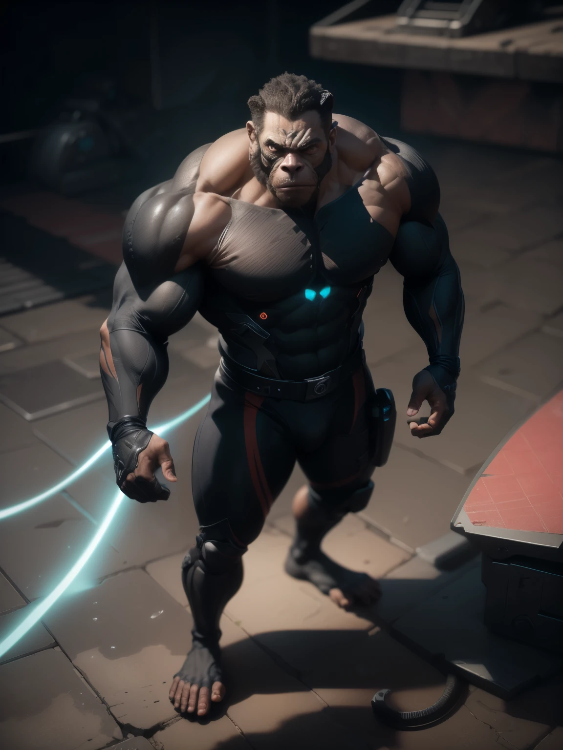 8k, RAW photos, Reality: 1.25), full-body shot,Simian,male,muscular,Mechanical Technology One-Eyed,Claw marks on face,The Matrix,Great body,strength(Ultimate graphics,