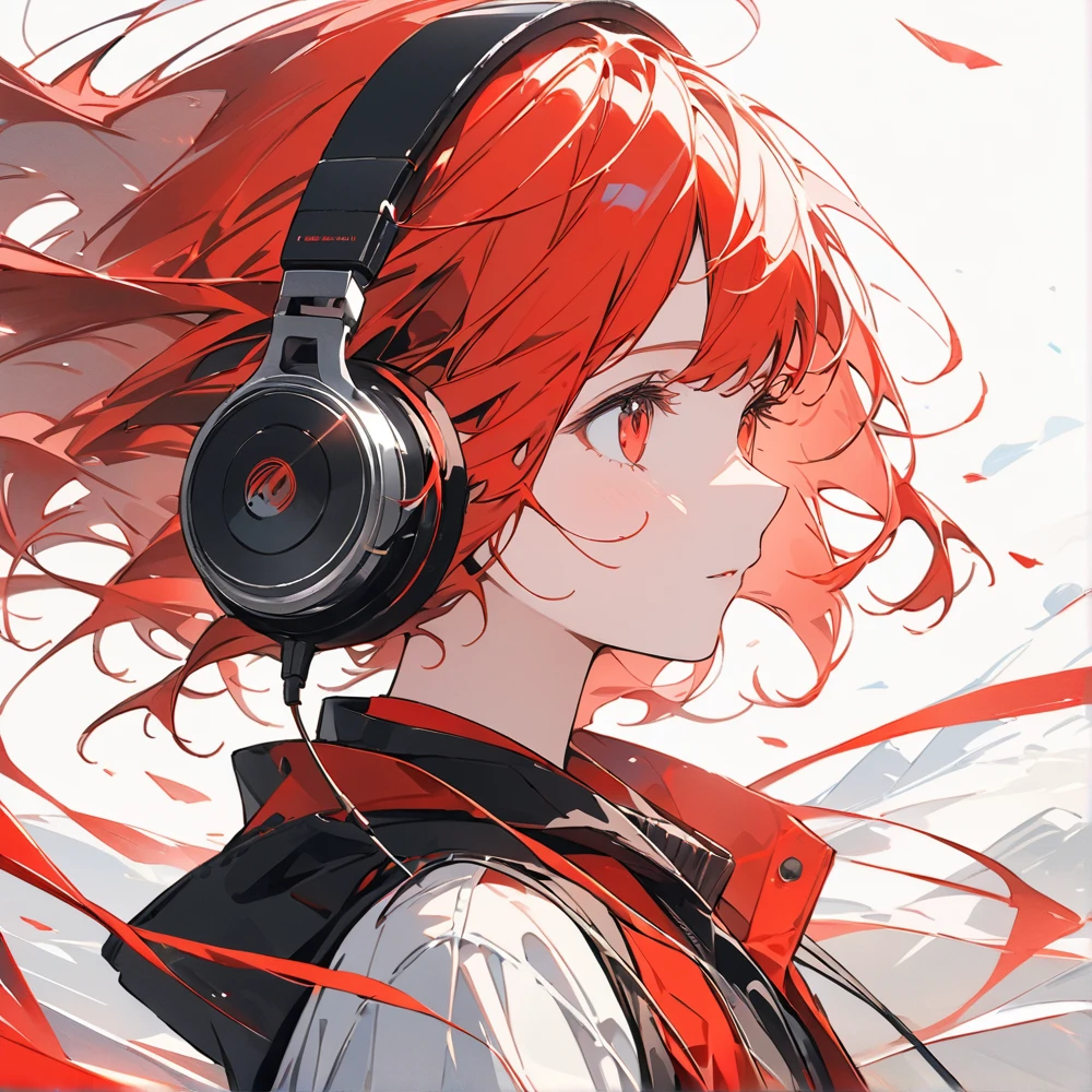 anime、Digital Art、Flat Design、whole body、uhd, (masterpiece:1.2), best quality, highres, award winning, high details、Listening to music with headphones and lookinh here、Her hair is color red blowing in the wind and she has a calm expression.