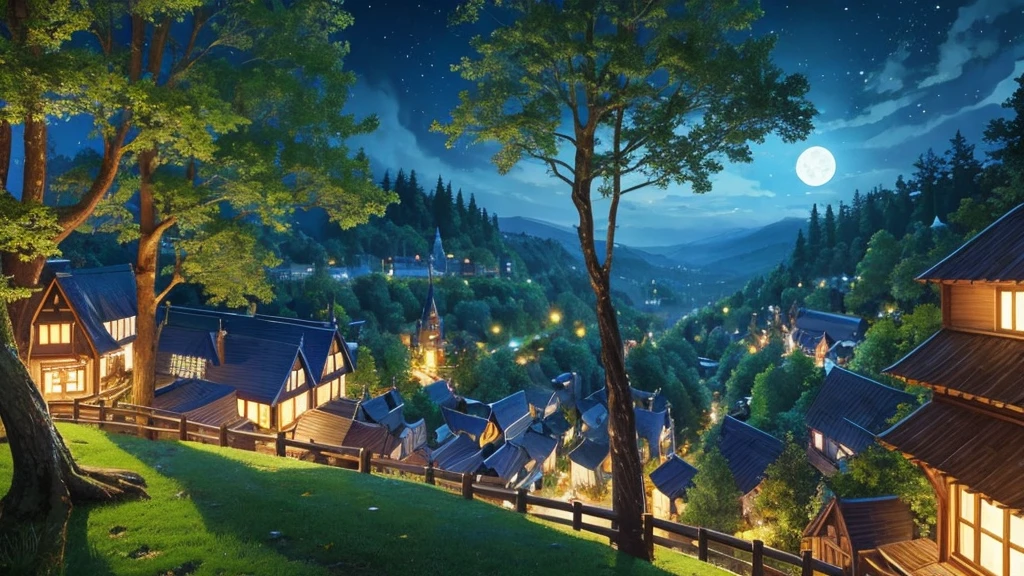 Solo, Anime Elf girl playing Banjo while sitting gracefully on a tree branch ,magical atmosphere, panoramic fantasy night landscape,  town in the forest can be seen, with charming houses, winding streets illuminated by moonlight, closed eyes, she wear long witch outfit, celtic
