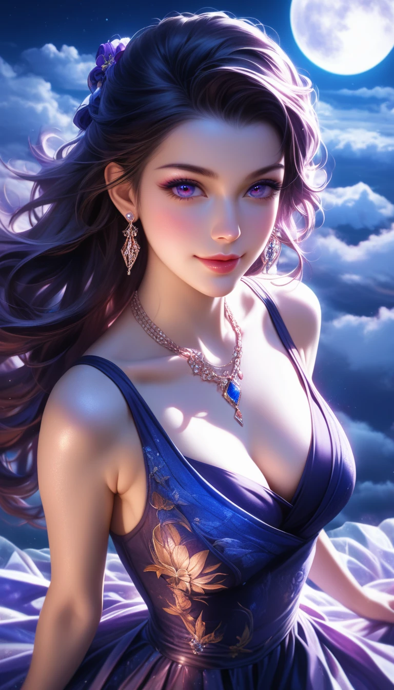 score_9, score_8_superior, score_7_superior, A masterpiece in 32K resolution,Highest quality,it is really amazing,Very detailed,Ultra-high resolution,Ultra-realistic,Realistic,Increased depth of field,Cinematic lighting,
Elegant Japanese woman,
Long black hair,Ultra-detailed and beautiful face,Gentle expression,Translucent white skin,Realistic skin texture,
Sexy Resort Dresses,
Bold design,Artistic design,Beautiful and detailed pattern,Detailed fabric texture,
Gorgeous necklace,Earrings,
Coastline at night,Giant Moon,Dark clouds floating in the dark night sky,
High angle,