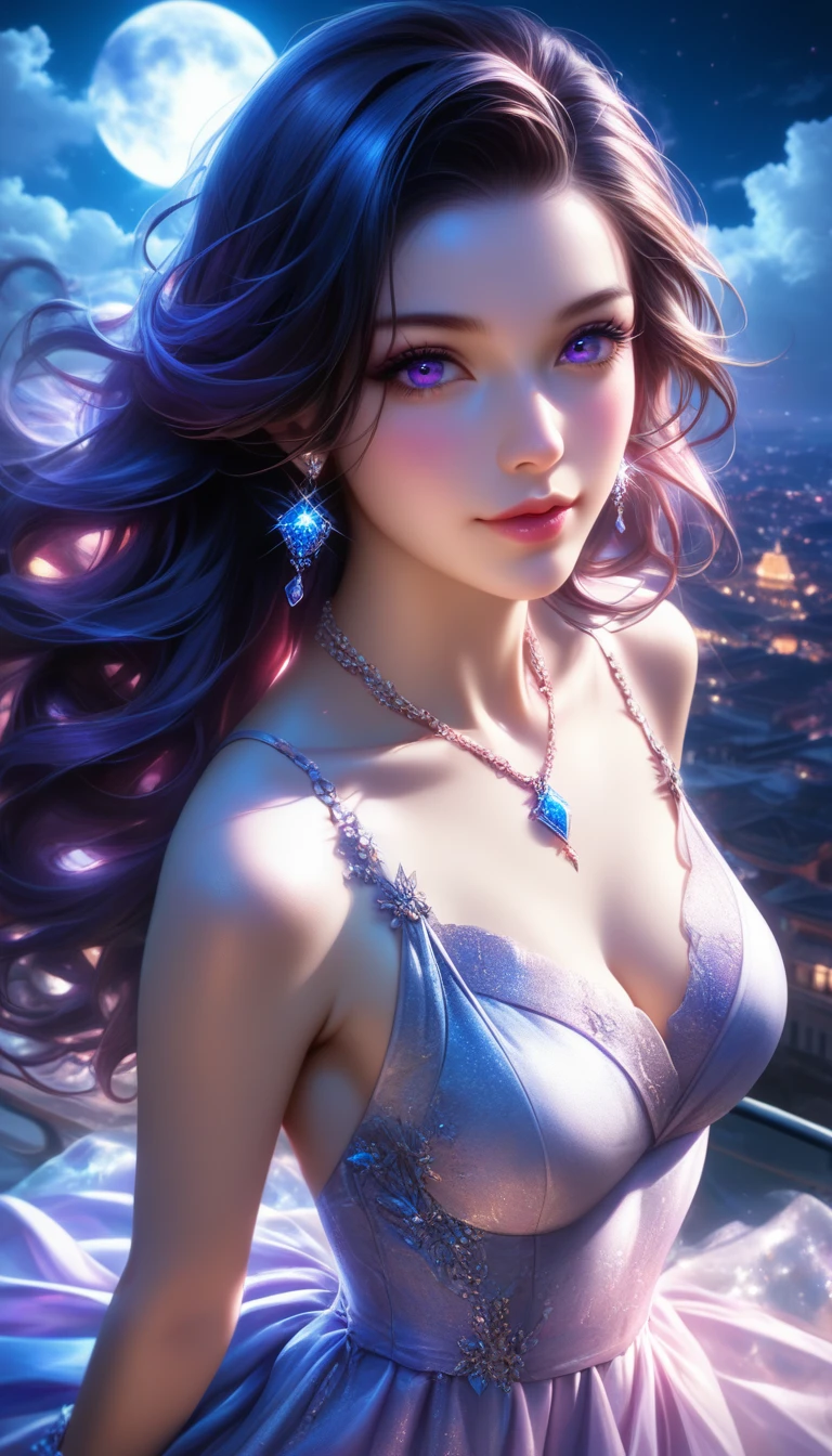 score_9, score_8_superior, score_7_superior, A masterpiece in 32K resolution,Highest quality,it is really amazing,Very detailed,Ultra-high resolution,Ultra-realistic,Realistic,Increased depth of field,Cinematic lighting,
Elegant Japanese woman,
Long black hair,Ultra-detailed and beautiful face,Gentle expression,Translucent white skin,Realistic skin texture,
Sexy Resort Dresses,
Bold design,Artistic design,Beautiful and detailed pattern,Detailed fabric texture,
Gorgeous necklace,Earrings,
Coastline at night,Giant Moon,Dark clouds floating in the dark night sky,
High angle,