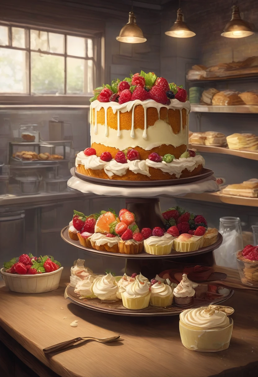 A real 1 pound cake was placed among a large cake shop.