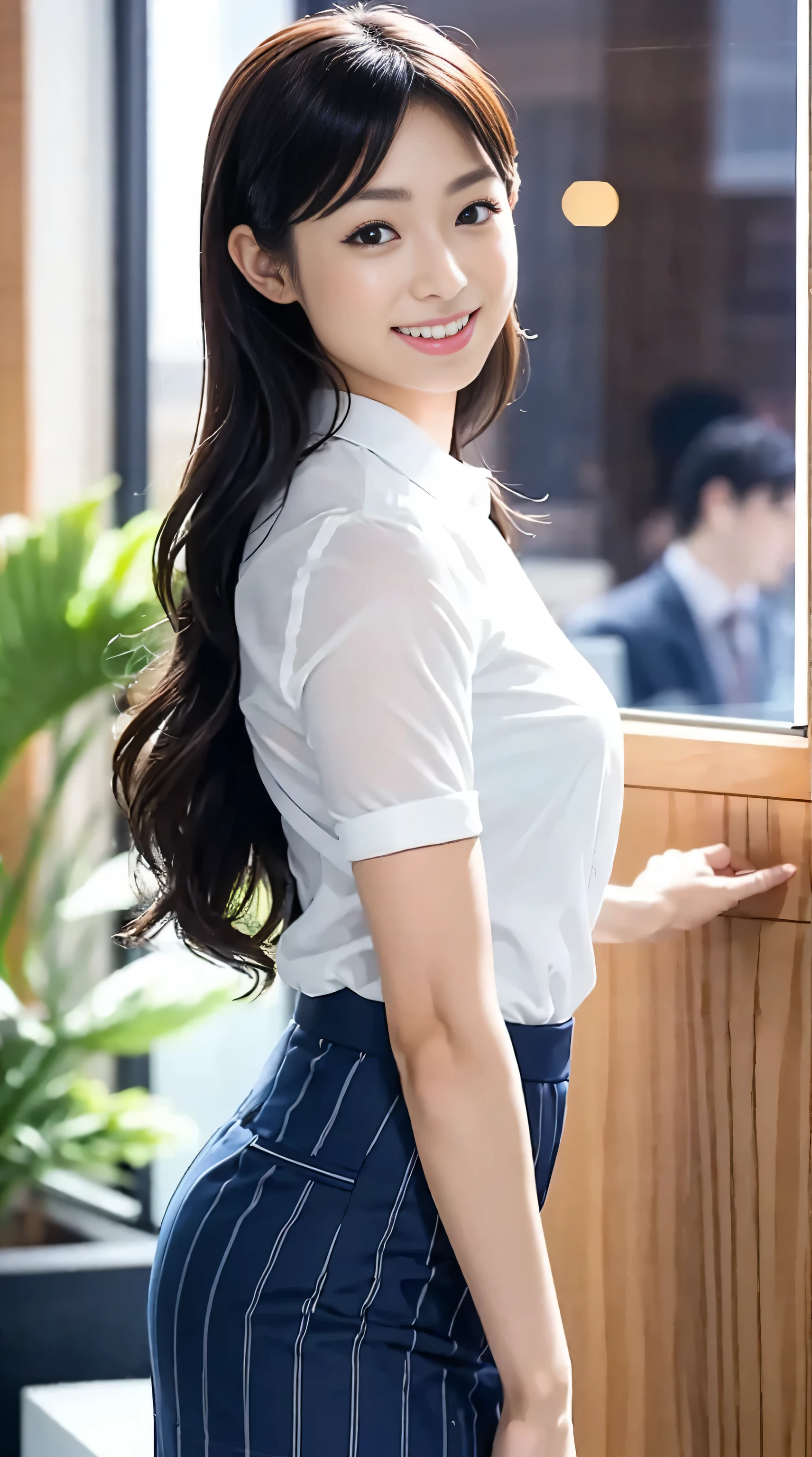 The face of a hostess、The clothing is a high-quality navy blue business suit、Surreal、healthy、Smiling face、Slim and perfect figure、Japanese Beauty、Beautiful Eyes、Perfect Face、Beautiful Skin、From the side、Background is an office on a high floor、By the window