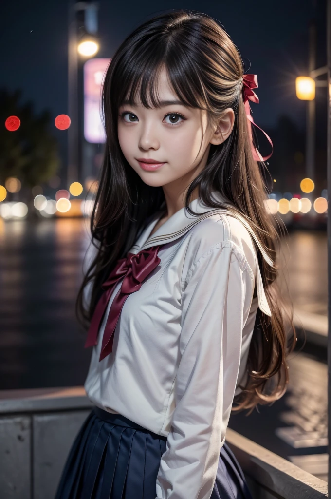 最high quality、Tabletop、High resolution、18 years old、1 girl、high school student、uniform、Sailor suit、Very pretty face,(A very cute face captured in ultra-high definition)、hair ornaments、Hair Ribbon、Realistic、Night view of Paris、Blur the background,(High resolutionの肌:1.2)、smileでカメラを見つめる、8k、Digital single-lens reflex camera、Illuminated by the soft and bright morning sun、high quality, Volumetric Lighting, Frank, photograph, High resolution,4K、smile、Please stand up straight,One person,Long Hair、Loose wavy hair、