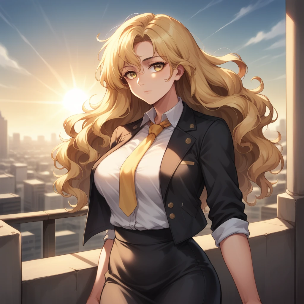 Young woman, intricate detail, masterpiece, best quality, extremly detailed,cinematic lighting, beautiful detailed glow, finely detailed beautiful face and eyes, 8k, dark intense shadows, yellow eyes, wavy hair, blonde hair, bangs, floating hair, black jacket, open jacket, white unbuttoned shirt, expressionless, yellow necktie, black lifting skirt, spotlight, sunshine, sunrise, gradient sky, city, lens flare, cowboy shot, [[curvy]], [mature female]