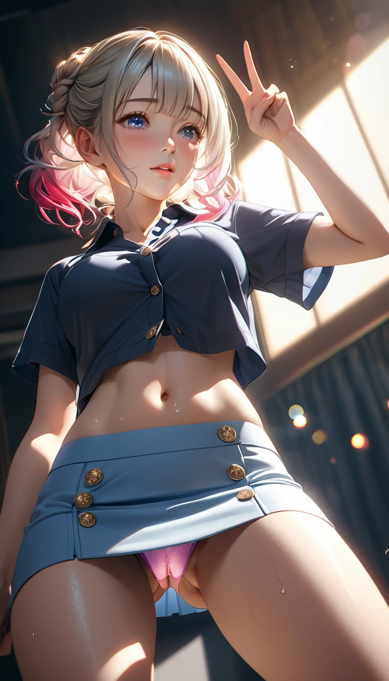 Masterpiece、最high quality、high quality、High definition、High resolution、High detail、Lens flare、Ray tracing method、high qualityの質感、high qualityの影、Beautiful details、Detailed and delicate、Detailed texture、Realistic facial expression、Realistic and colorful、Delicate、Cinematic Light、Side light、Sharp Focus、(1 woman:1.3)、(Intricate details、Makeup、Pure Eros Face_v1:0.5)、(Details Beautiful delicate face、Detailed beautiful delicate eyes、Perfect Facial Proportions、Detailed skin、Charm)、fancy hairstyles、Beautiful bangs、(Two-tone gradient hair color)、slender、(Upturned beautiful breasts)、Raise your arm and make a peace sign、Detailed crotch、Female juice、(Experiencing the best orgasm)、Light-colored V-cut、Light-colored thong、Thigh mini skirt、Low-rise mini skirt、Front-button short-sleeve shirt、Crop top、Low-angle composition