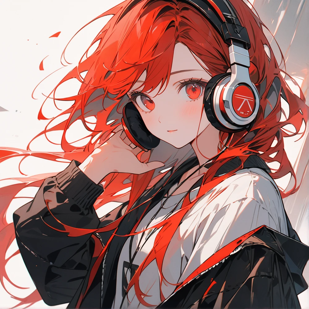 anime、Digital Art、Flat Design、Whole body image、uhd, (masterpiece:1.2), best quality, highres, award winning, high details、Listening to music with headphones and looking here game、Her hair is color red blowing in the wind and she has a calm expression.