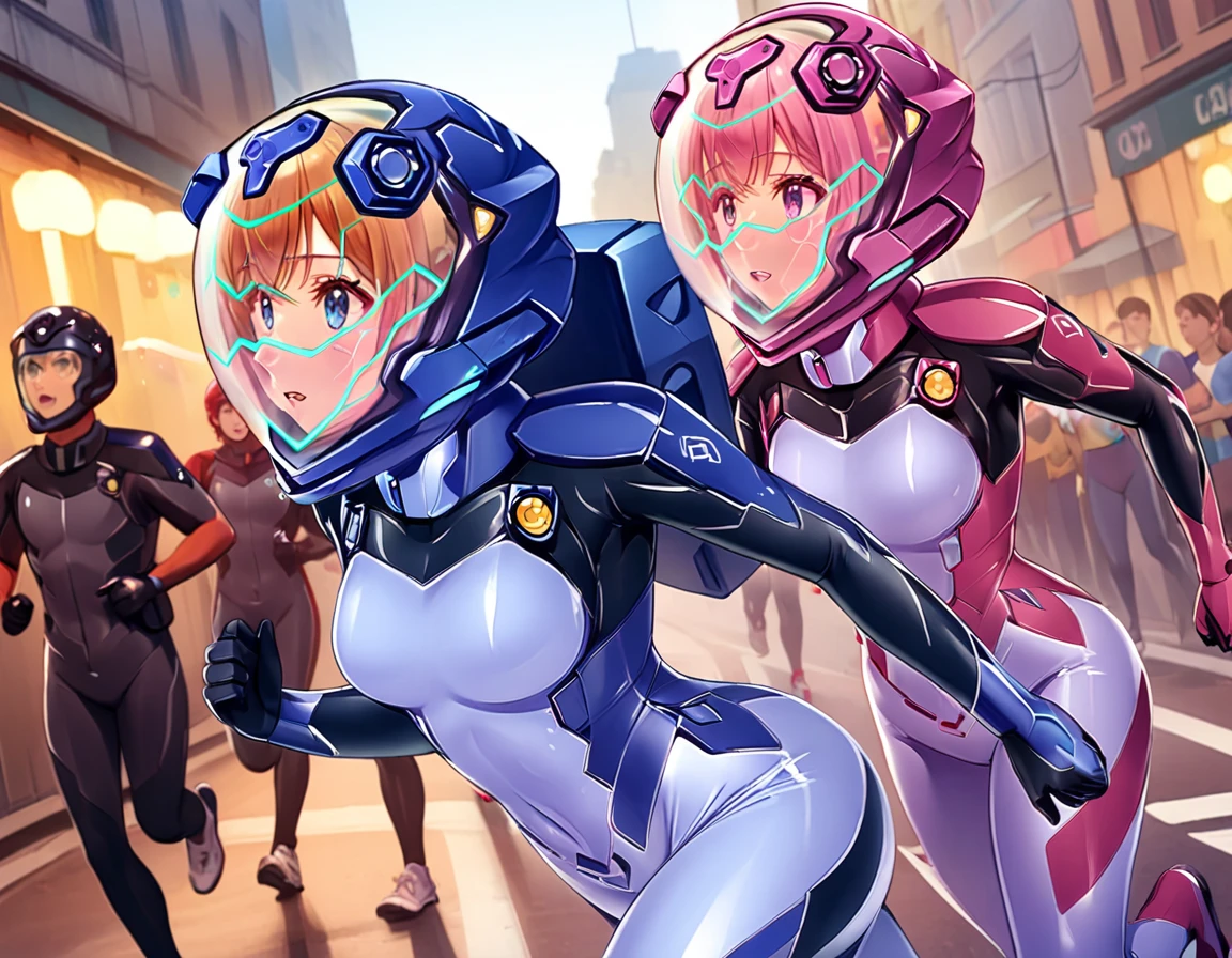 short hair, pink hair, street, emo,pink eyes, eyeliner, fortified suit, ((blue:1.5) plugsuit), short hair, (running fast:1.6),sweaty,clenched teeth,marathon event,looking ar forward,1), short hair, bangs, blue eyes, brown hair, blue bodysuit, bubble helmet space helmet, from side