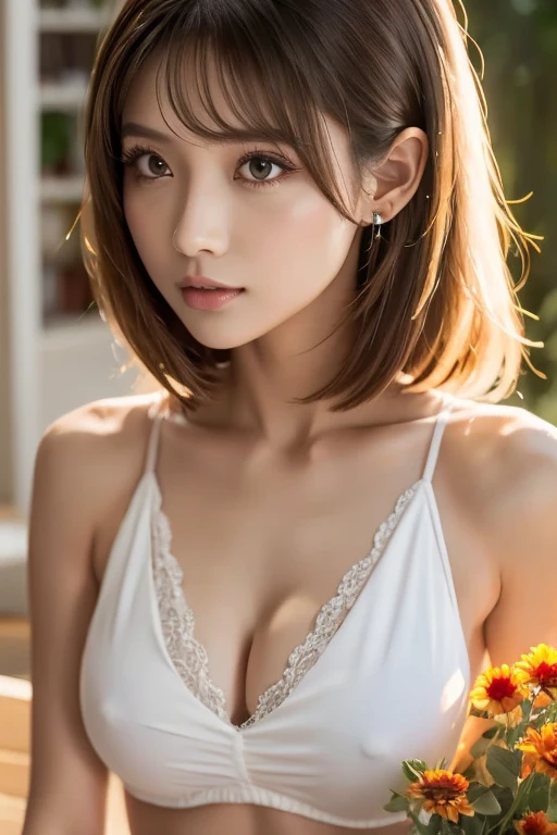 Red blouse, dreamy romantic composition style, explosion of flowers, seductive cleavage,