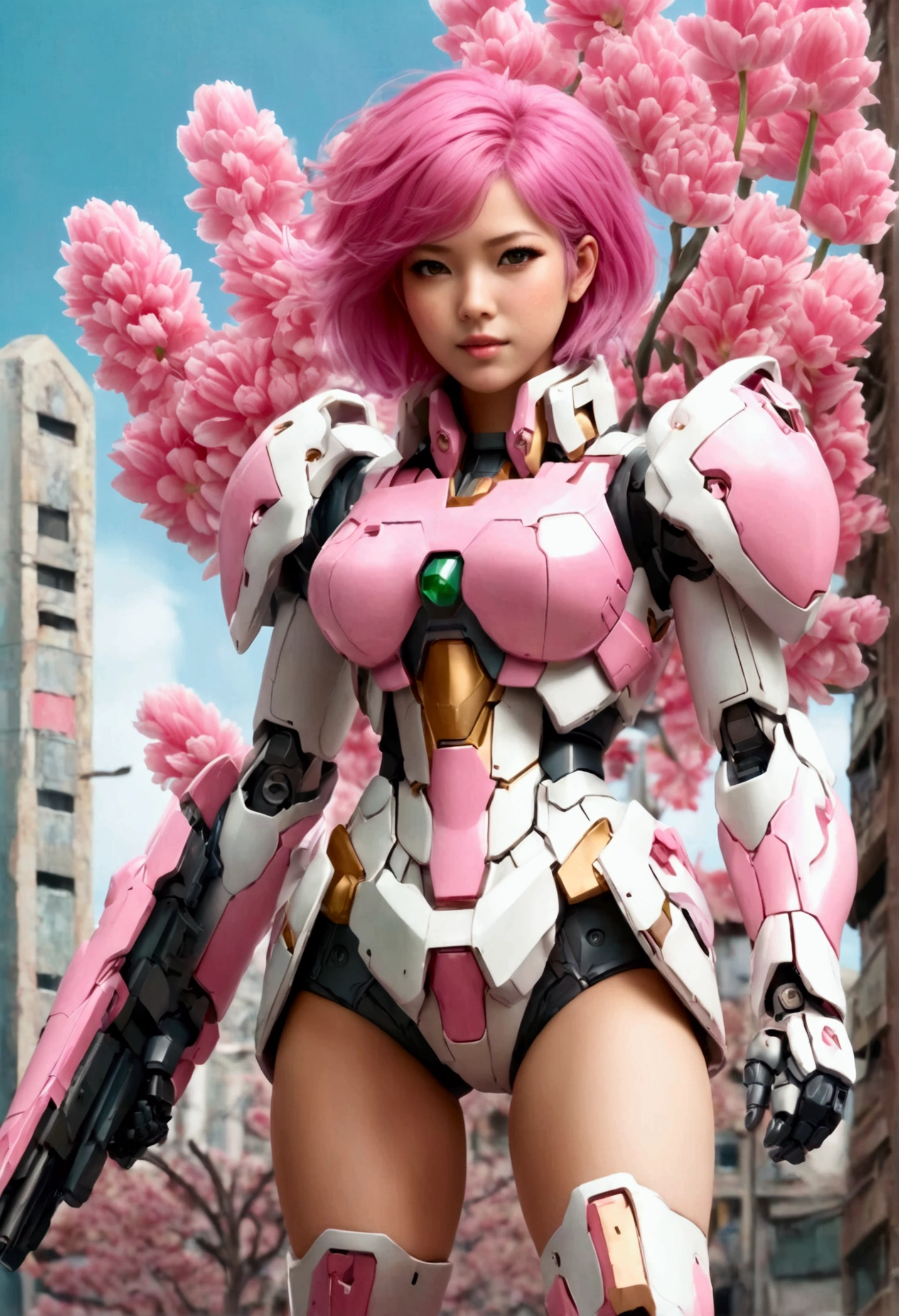 A gundam mecha, pink tulip  decorations and color scheme piloted by a  with bubblegum colored hair, cute gundam, cute girl, war torn city