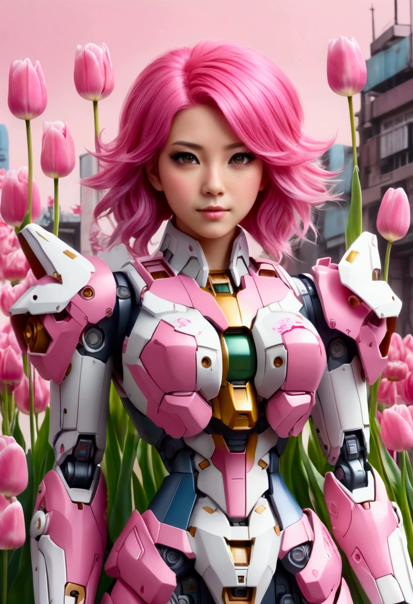 A gundam mecha, pink tulip decorations and color scheme piloted by a with bubblegum colored hair, cute gundam, cute girl, war torn city