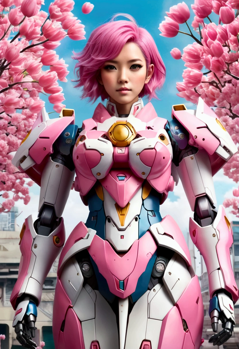 A gundam mecha, pink tulip decorations and color scheme piloted by a with bubblegum colored hair, cute gundam, cute girl, war torn city