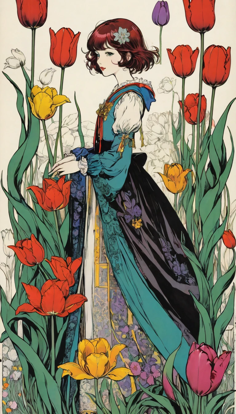 (Harry Clark (Harry Clarke) style:0.5),(圣地亚哥·卡鲁索style:0.7),
1 girl,
BREAKTulip Background,(Tulip&#39;s future:1.6),( Background blur:1.7),from_side,以人物为middle心的构图,look up,(photo:1.4),(for real:1.5),middle_shooting,Looking at the audience,(Blurred foreground:1.5),，snow