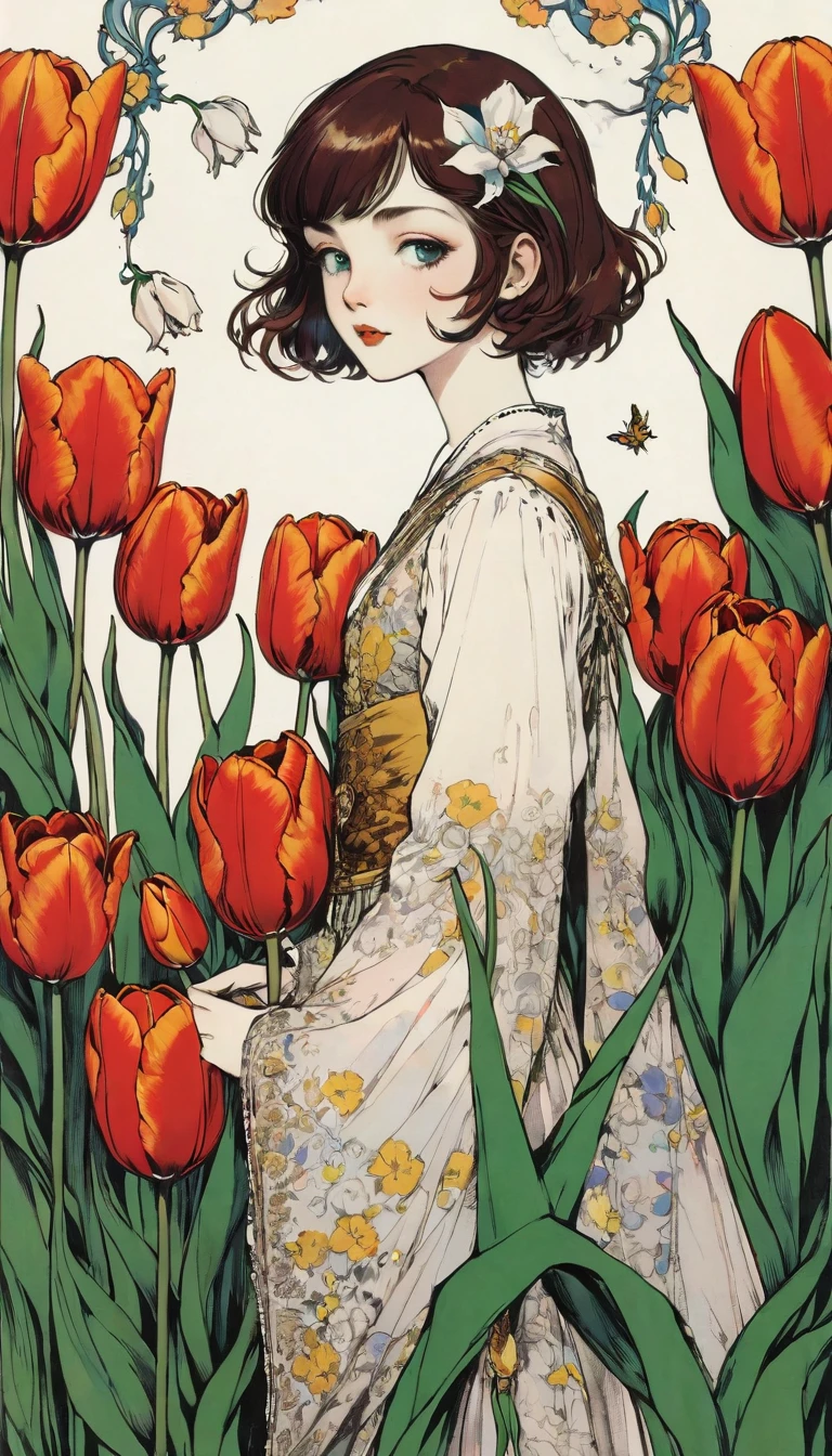 (Harry Clark (Harry Clarke) style:0.5),(圣地亚哥·卡鲁索style:0.7),
1 girl,
BREAKTulip Background,(Tulip&#39;s future:1.6),( Background blur:1.7),from_side,以人物为middle心的构图,look up,(photo:1.4),(for real:1.5),middle_shooting,Looking at the audience,(Blurred foreground:1.5),，snow