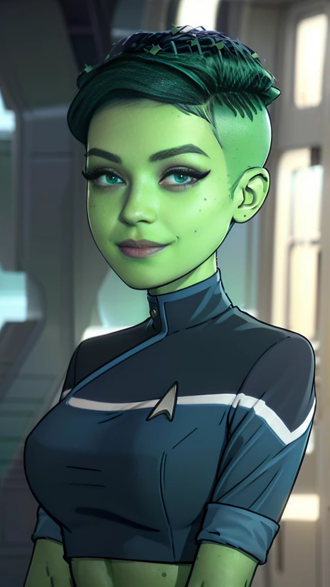 masterpiece, best quality, half body, woman, 22 years old, (curvy:0.6),short pixie cut hair, hair combed to the side, sides of head shaved, parted bangs, green eyes, (large breasts), smile, blush, (((blue top))), starship background, D'vana Tendi, ((green skin)), lower decks uniform