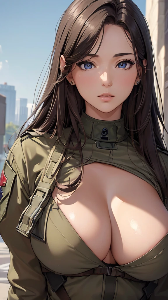 (((masterpiece))),(((High resolution)))、(((8K)))、(((Beautiful woman modern soldier))), ((top quality eyes)), ((detailed face)), (detailed texture), look at the camera,Huge Breasts