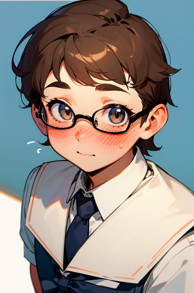((best quality)), perfect face, blushing face, slightly chubby, male, student, school uniform, femboy, nerdy, short, short brown hair, school class setting,
