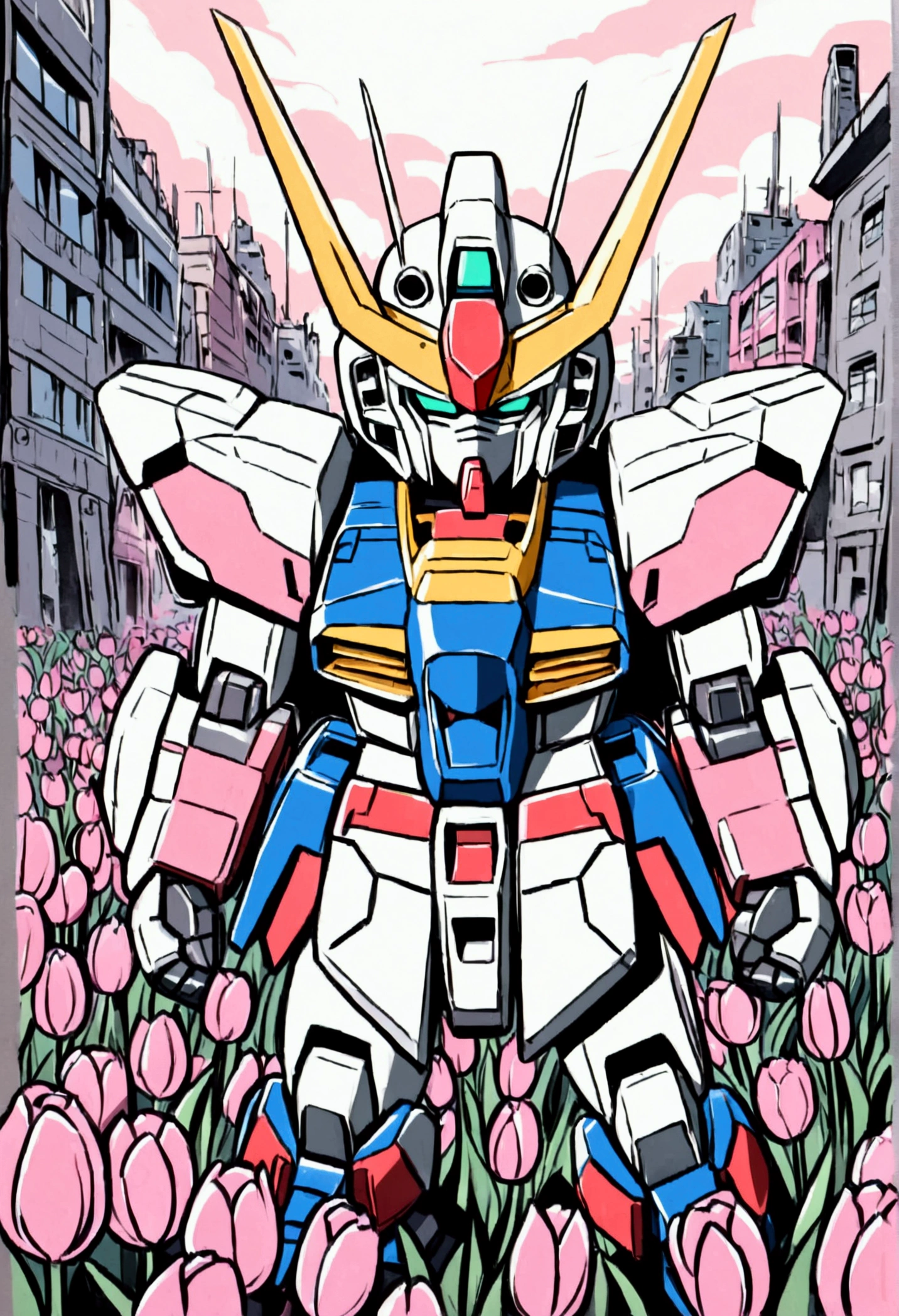 A gundam mecha, pink tulip decorations and color scheme piloted by a with bubblegum colored hair, cute gundam, cute girl, war torn city