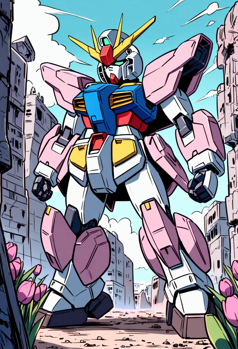 A gundam mecha, pink tulip decorations and color scheme piloted by a with bubblegum colored hair, cute gundam, cute girl, war torn city