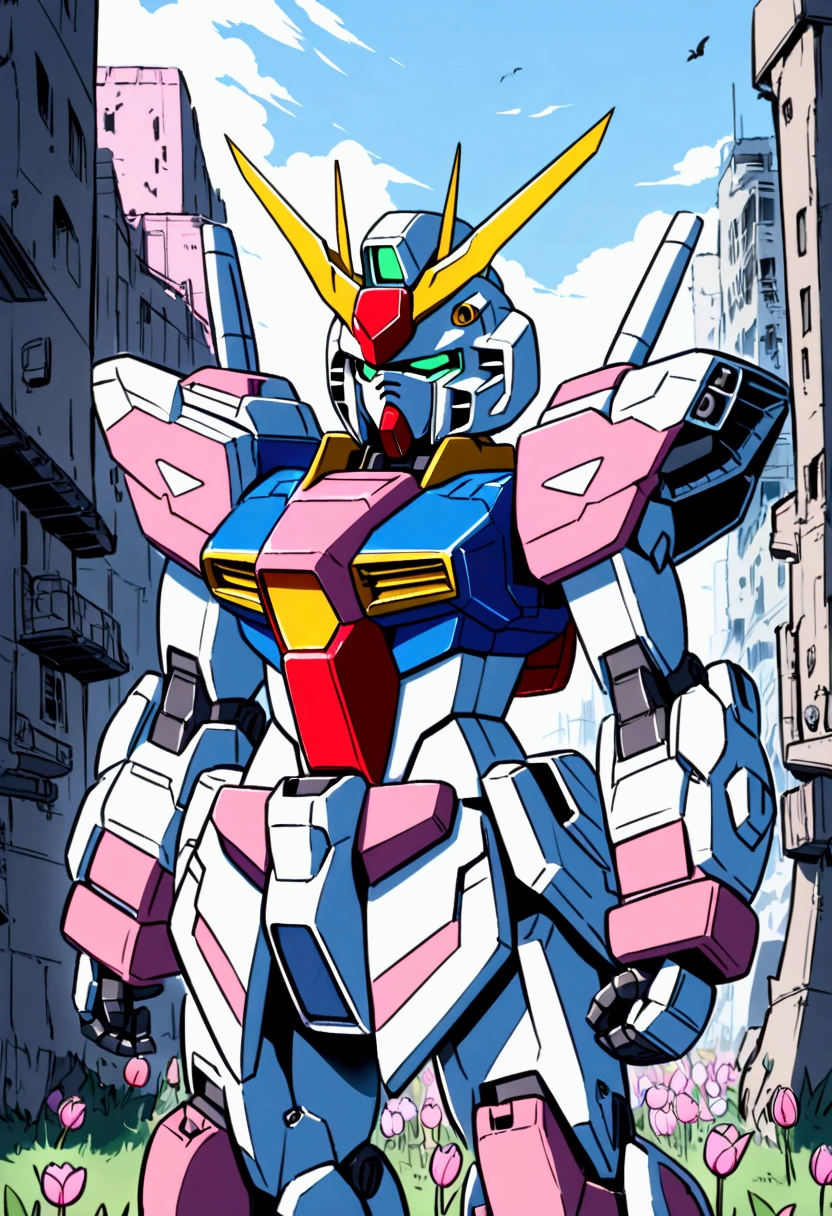 A gundam mecha, pink tulip decorations and color scheme piloted by a with bubblegum colored hair, cute gundam, cute girl, war torn city
