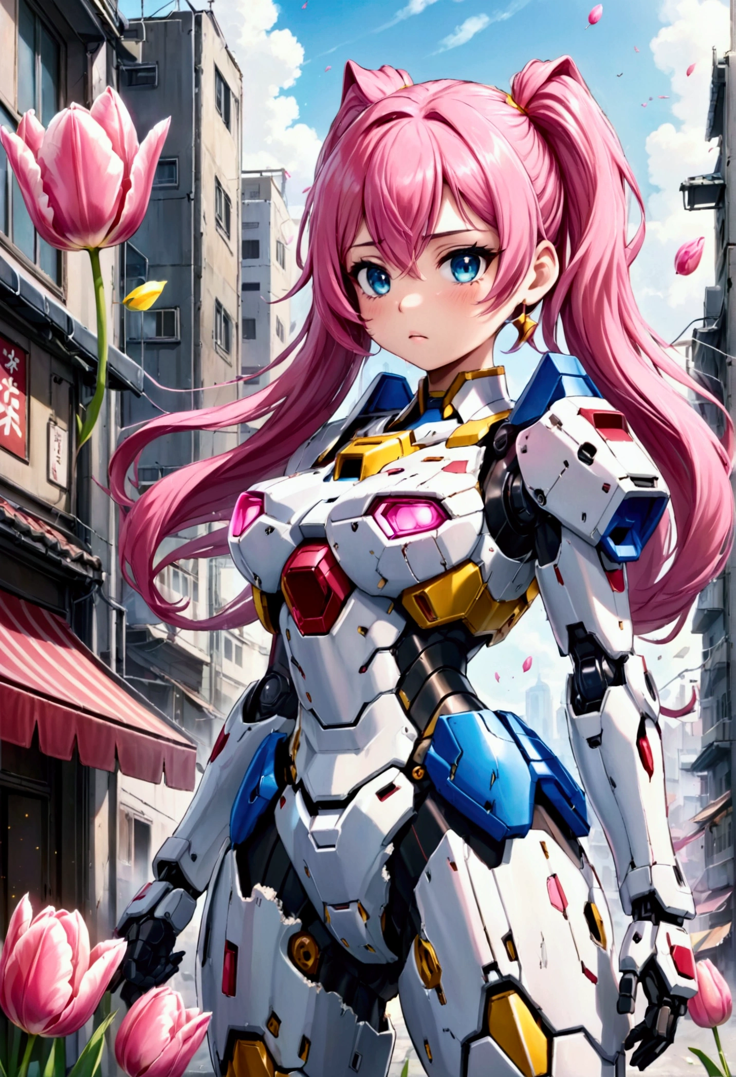 A gundam mecha, pink tulip decorations and color scheme piloted by a with bubblegum colored hair, cute gundam, cute girl, war torn city
