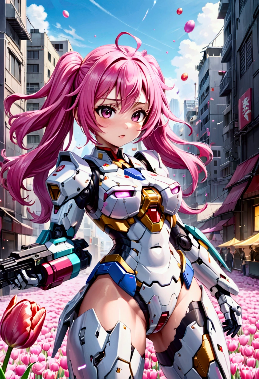 A gundam mecha, pink tulip decorations and color scheme piloted by a with bubblegum colored hair, cute gundam, cute girl, war torn city