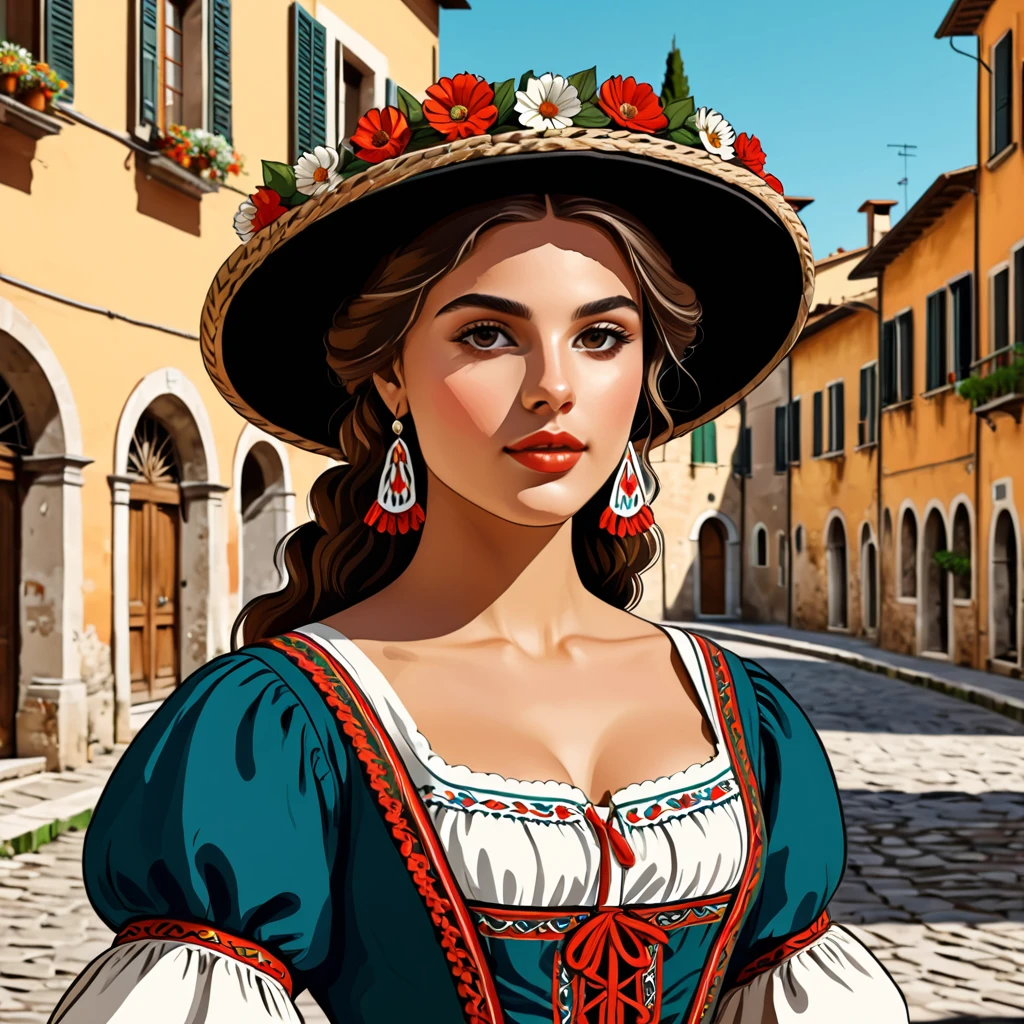woman in italy  folk outfit, vector graphics, strong contours
