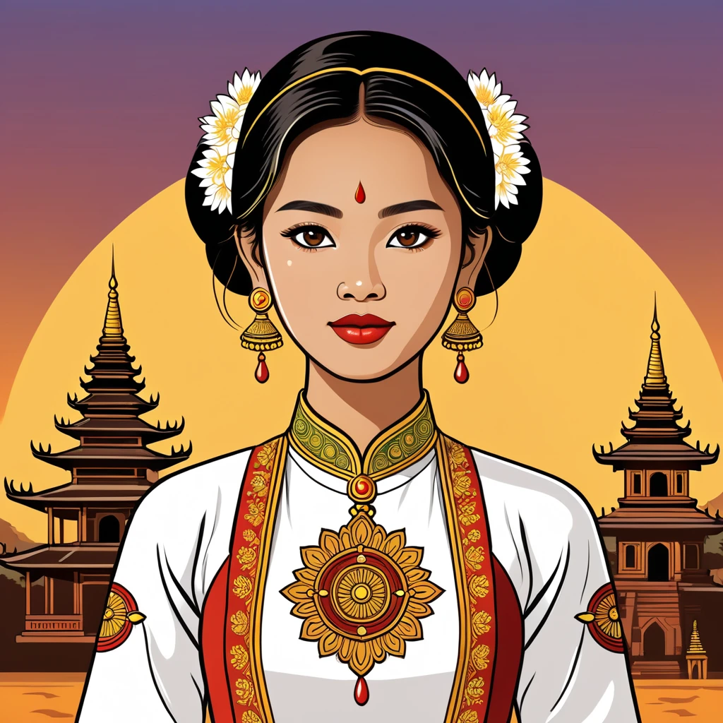 woman in myanmar folk outfit, vector graphics, strong contours
