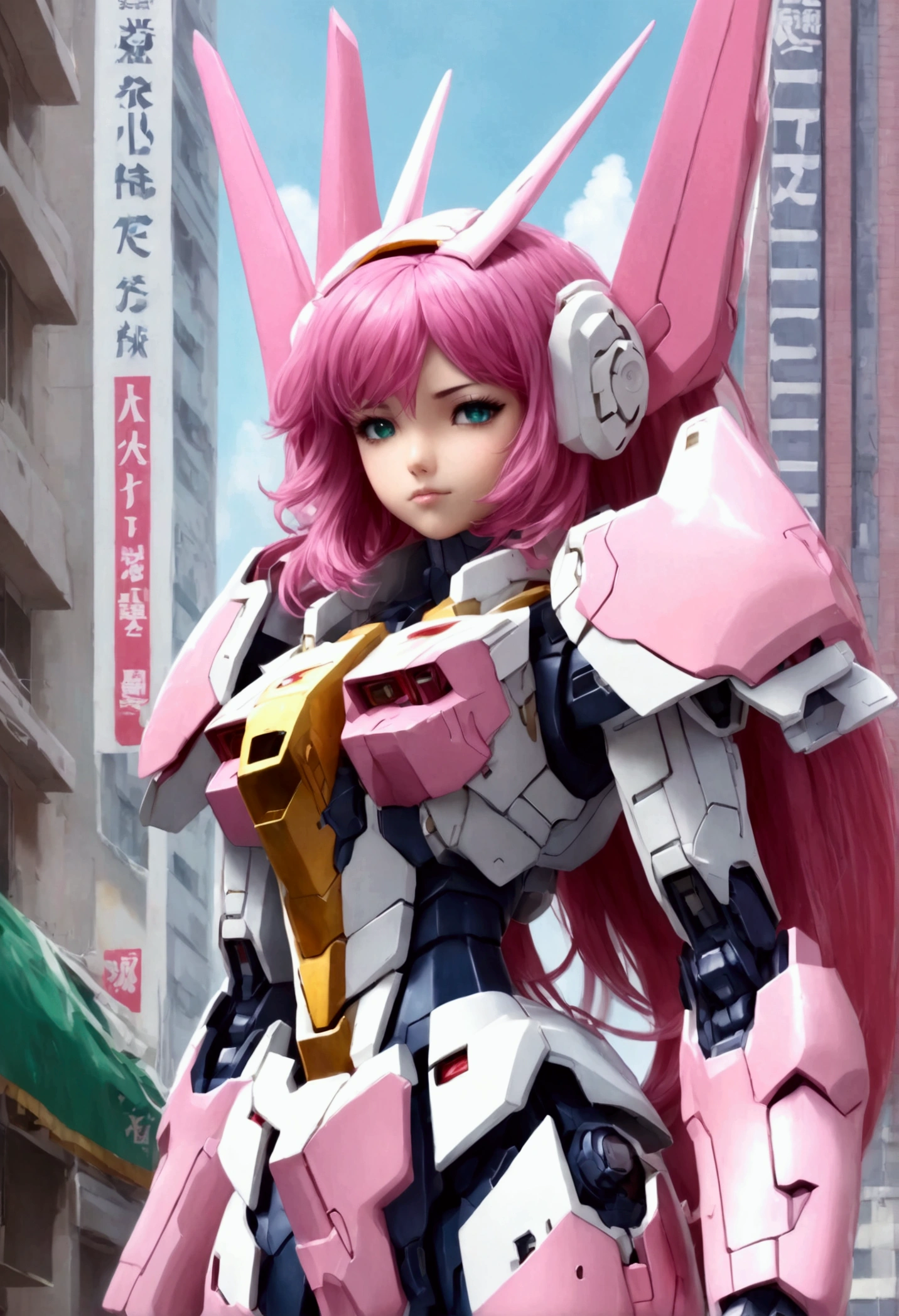 A gundam mecha, pink tulip decorations and color scheme piloted by a with bubblegum colored hair, cute gundam, cute girl, war torn city
