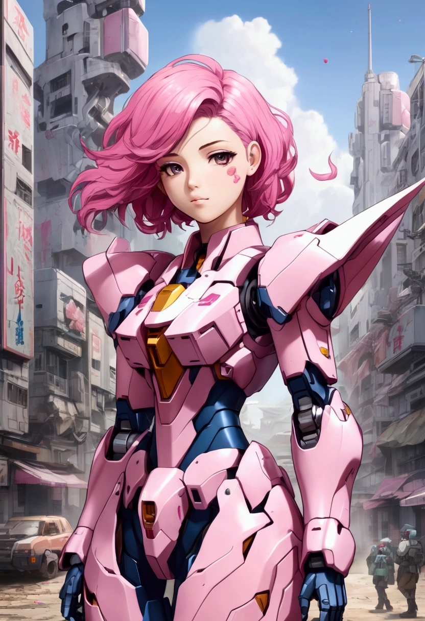A gundam mecha, pink tulip decorations and color scheme piloted by a with bubblegum colored hair, cute gundam, cute girl, war torn city