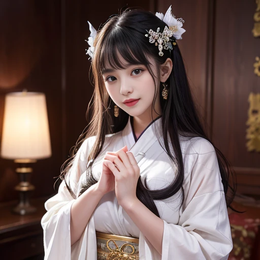 best quality, Delicate face,beautiful visual work, lifelike, eternity, black hair, Long curly hair, blunt bangs, Smile, Detailed Background, Delicate face,blush,cold,((masterpiece))、(top quality)、8k、high detail、Super detailed,21 years old female,身穿唐制Hanfu、waist skirt, Clothes are light and fluffy,Hanfu, wide sleeves, Tunic, Clothes made of chiffon, Seductive and whimsical style、masterpiece、born、Scenes resembling fairy tale illustrations、intricate details和複雜的設計、Beautifully、magic、capricious、 Beautifully、Dream aesthetics、「𝓡𝓸𝓶𝓪𝓷𝓽𝓲𝓬、ethereal、charming、fickle、magic」、realism、Visual effects、FXAA、SSAO、Shader、voiceless、ambient lighting、Tone mapping、High resolution、Ultra high quality、Million pixels、(8K resolution:1.10)、8k、8k以下、8K resolution、high detail、intricate details, (high quality:1.2、masterpiece:1.2、:1.21)、(21 years old female:1.21)、(興奮地Smile)、(被dream般的氛圍所包圍、Model diagram,full-body shot,Normal 2 feet,Cross your hands and hide them in your sleeves,The protrusion of the breast is visible when wearing clothes, Large Breasts, H cup chest, antiquity, Xian Xia, gauze clothes, Soft and fluttering, Fairy, dream, fantasy, light, Elegant, nature, Immortal, light purple clothes, indoor